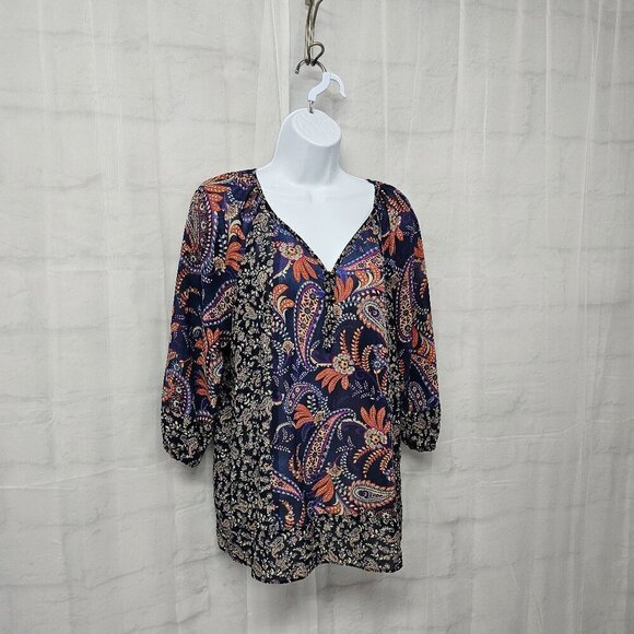 Chaps Blouse Blue Paisley Boho Cottage Peasant Casual Festival PM - Picture 6 of 12